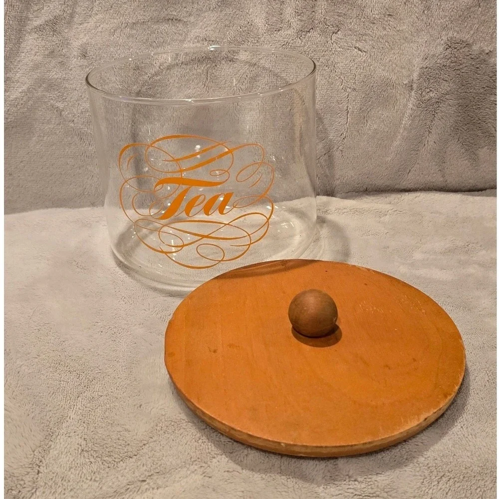 Vintage Glass Tea Canister with Wooden Lid Orange Script Graphic Storage Jar